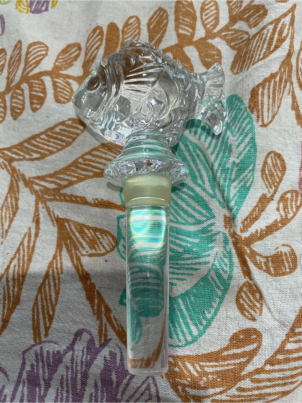 Mikasa Crystal Fish Bottle Stopper.  5.5 in long, 3 in across. Vintage 1990s.